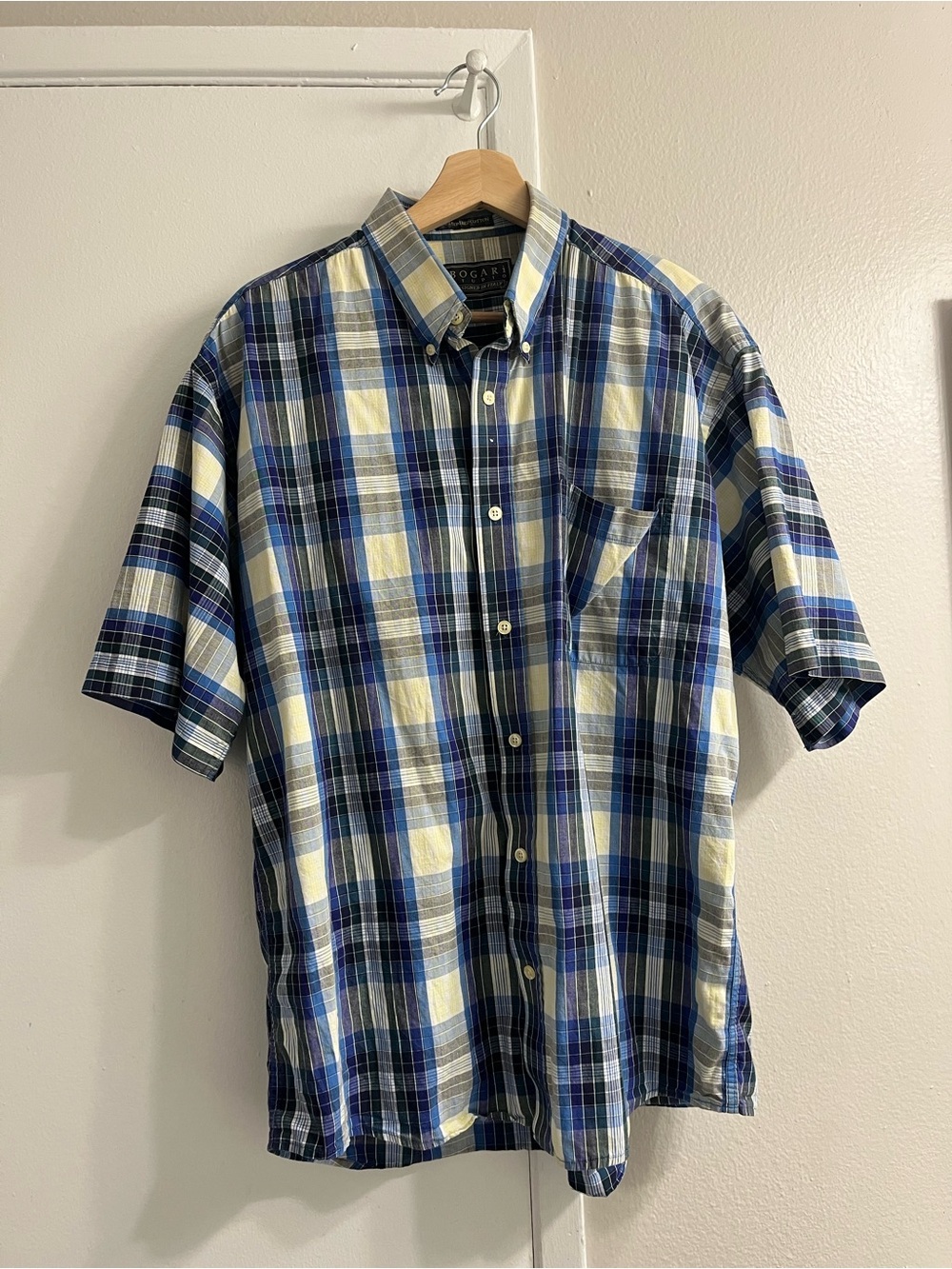 Button-Down Short Sleeve Plaid Shirt in Blue & Yellow